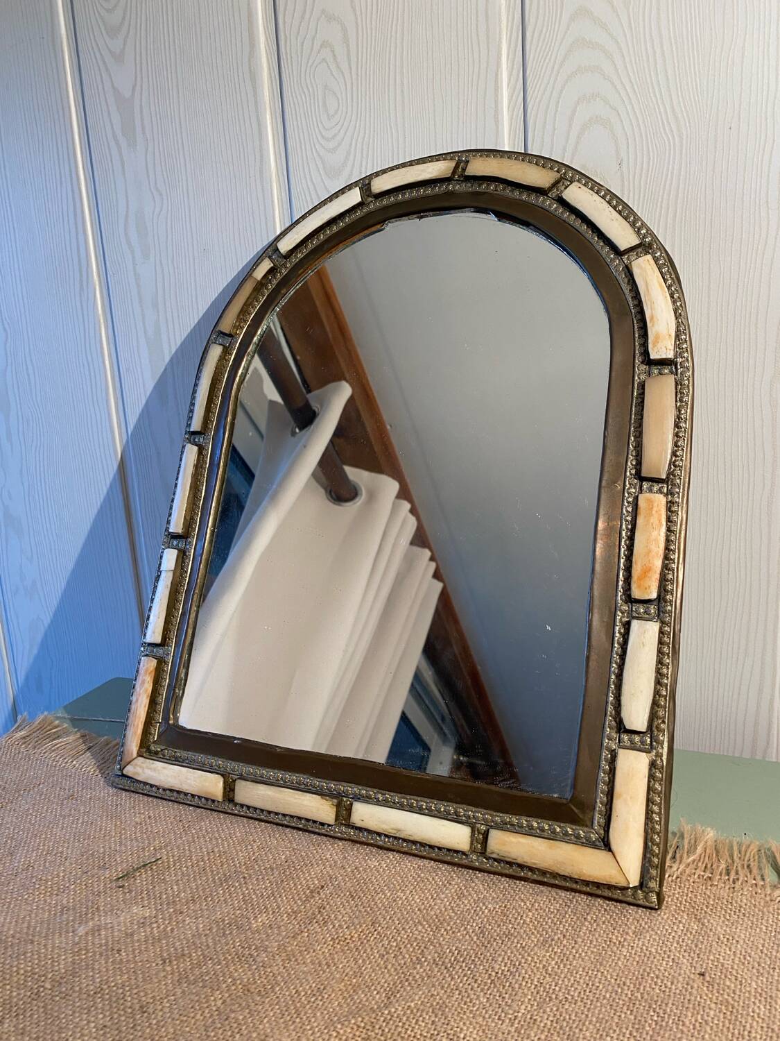 Oriental brass and bone mirror