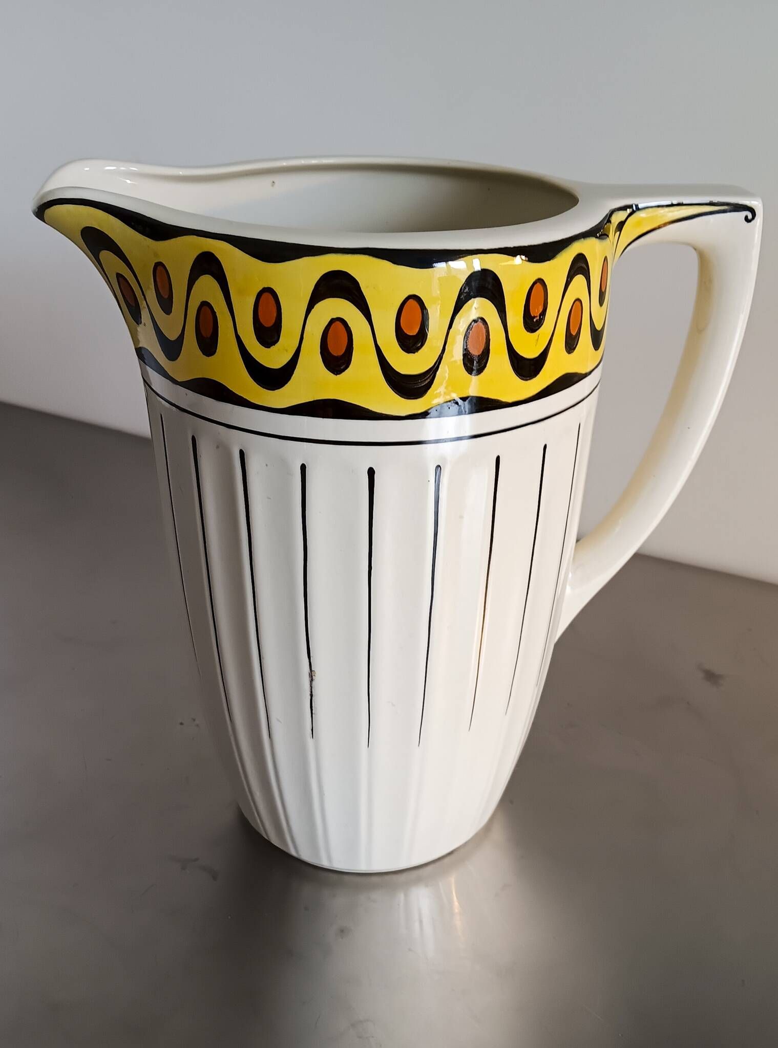 1 very large BFK (Boch Frères Keramis) Ambra 801 L jug. White, black lines and decorated band