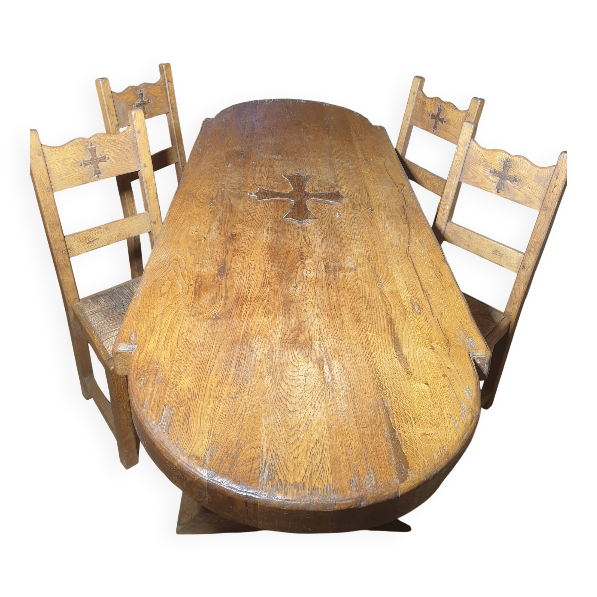Monastery table with Occitan cross + 4 chairs - 20th century