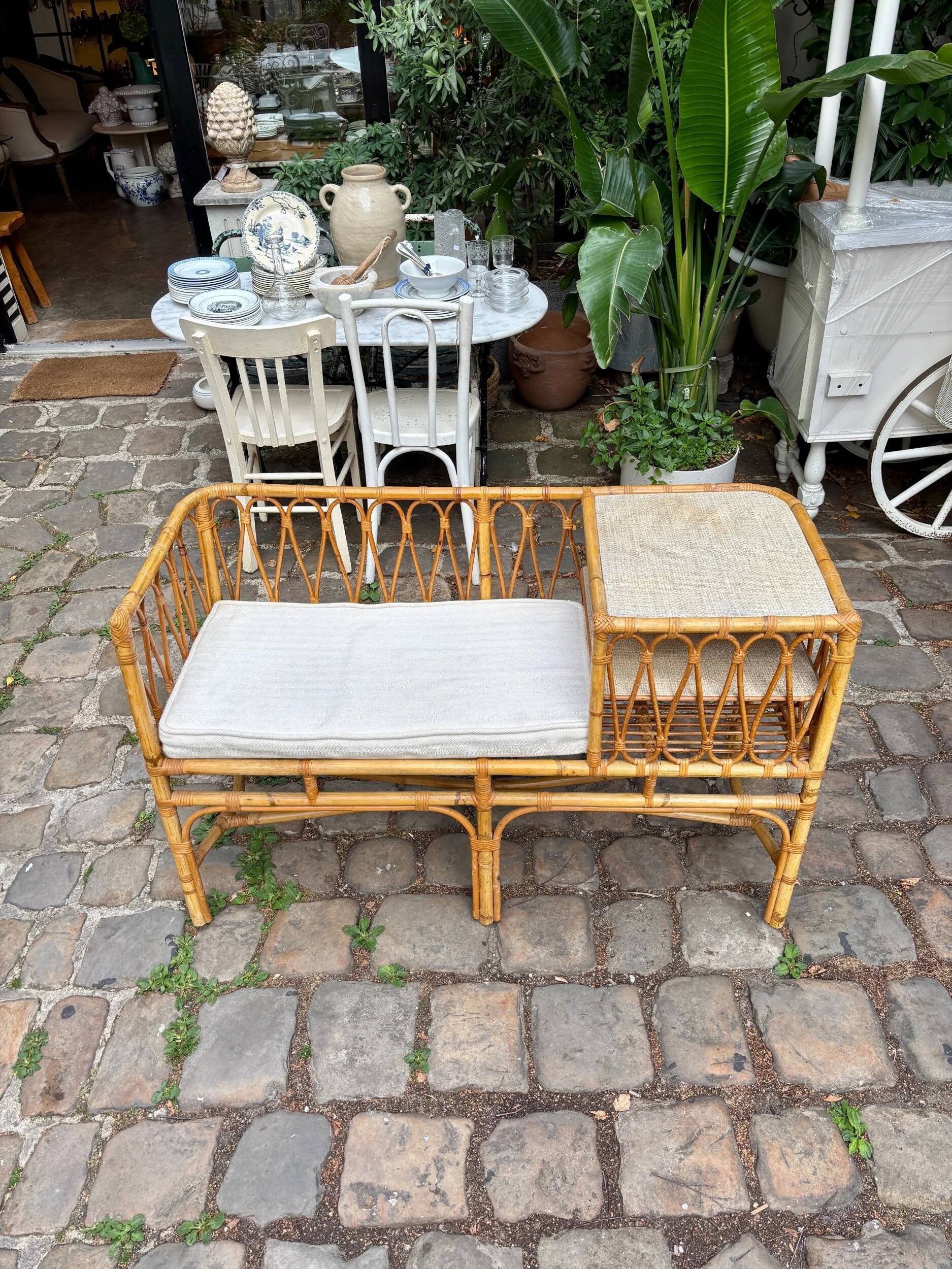 1960s beige rattan and cotton bench