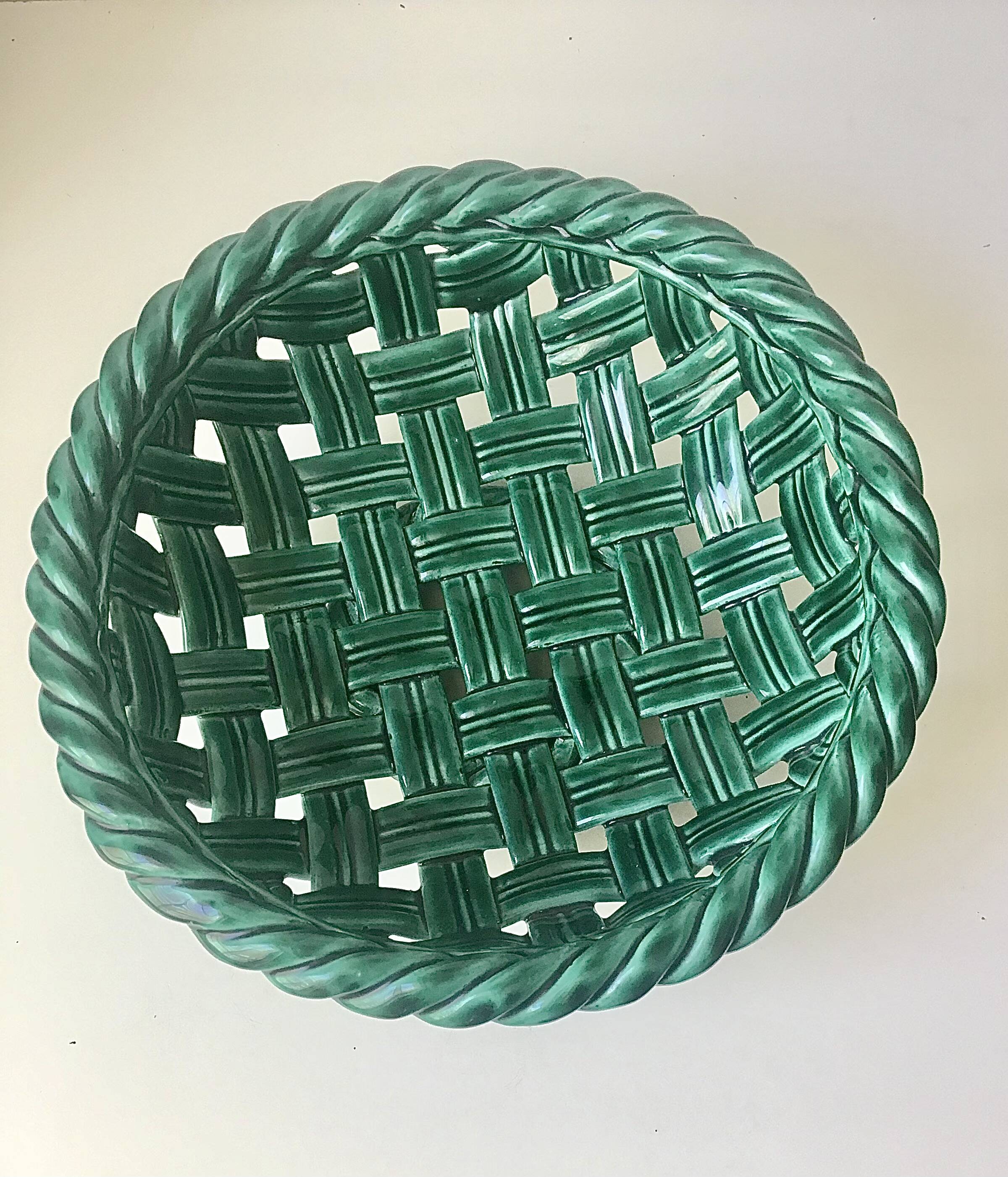 Large green woven ceramic bowl