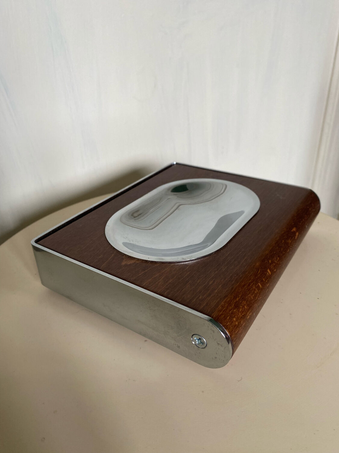 Wall soap holder design chrome and walnut wood