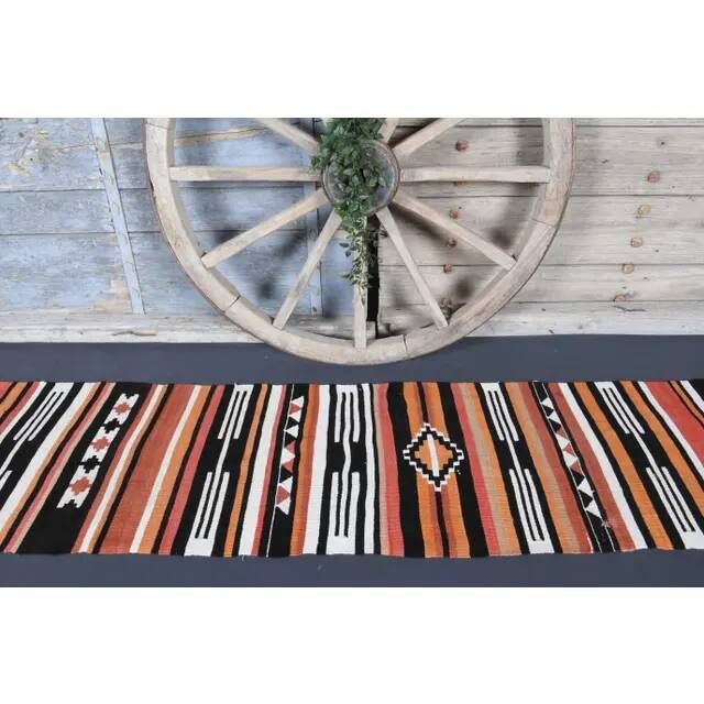 Vintage Turkish Oushak handmade wool cotton orange kilim runner rug 60x295