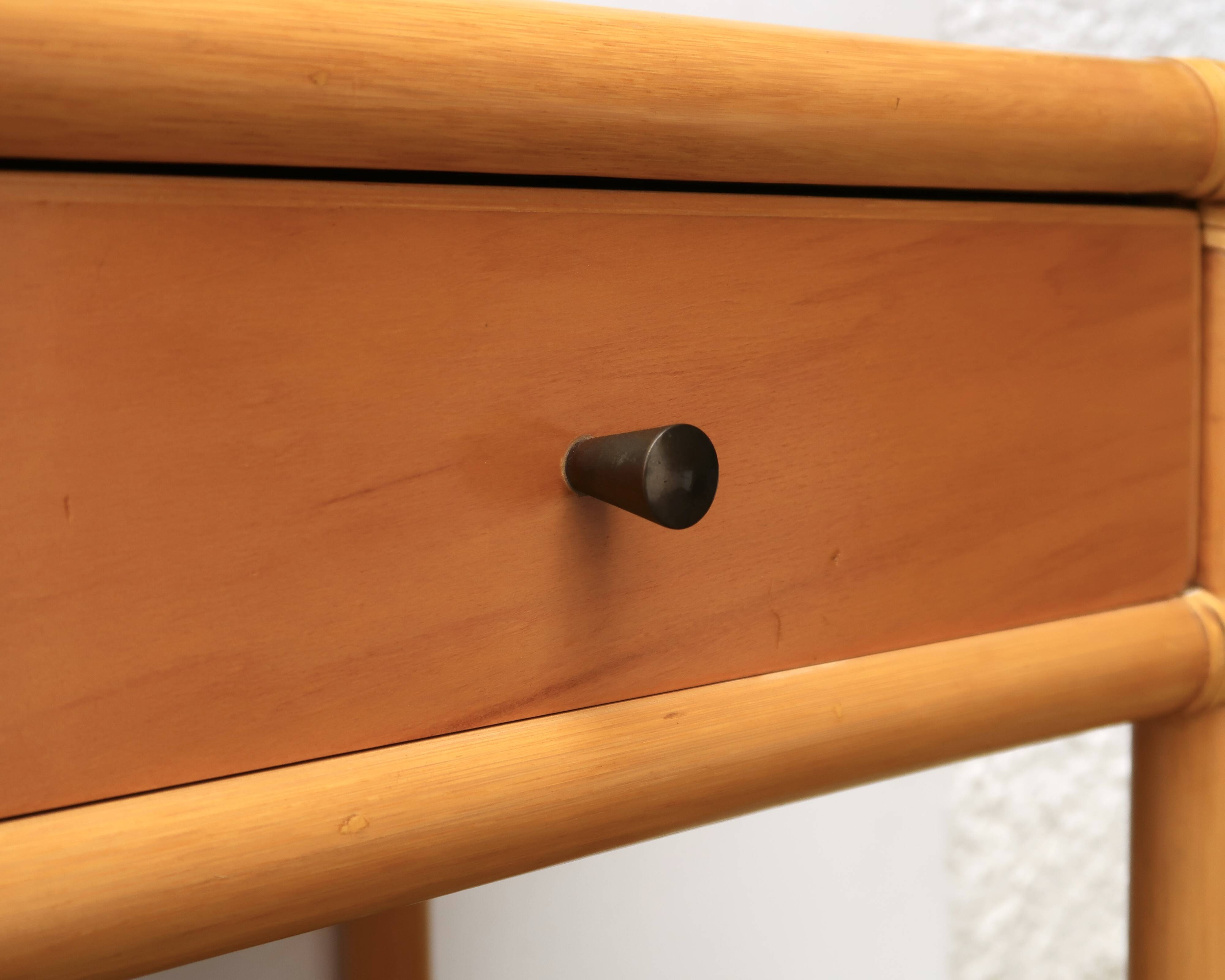 Bedside or side table in wood, bamboo and rattan, 1970s