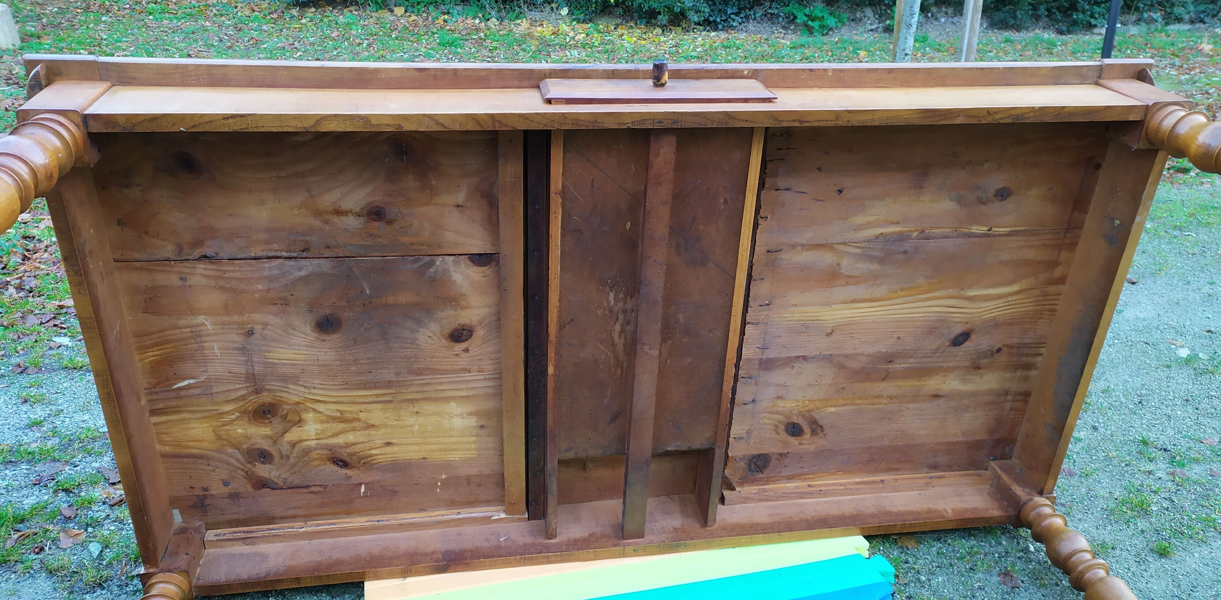 Cherry farm table, turned legs, 2 extensions