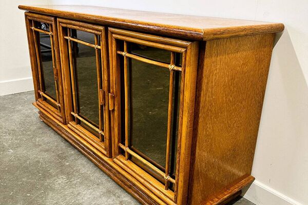 Buffet en bambou miroir vintage par Maugrion pour Roche Bobois, années 1970. France