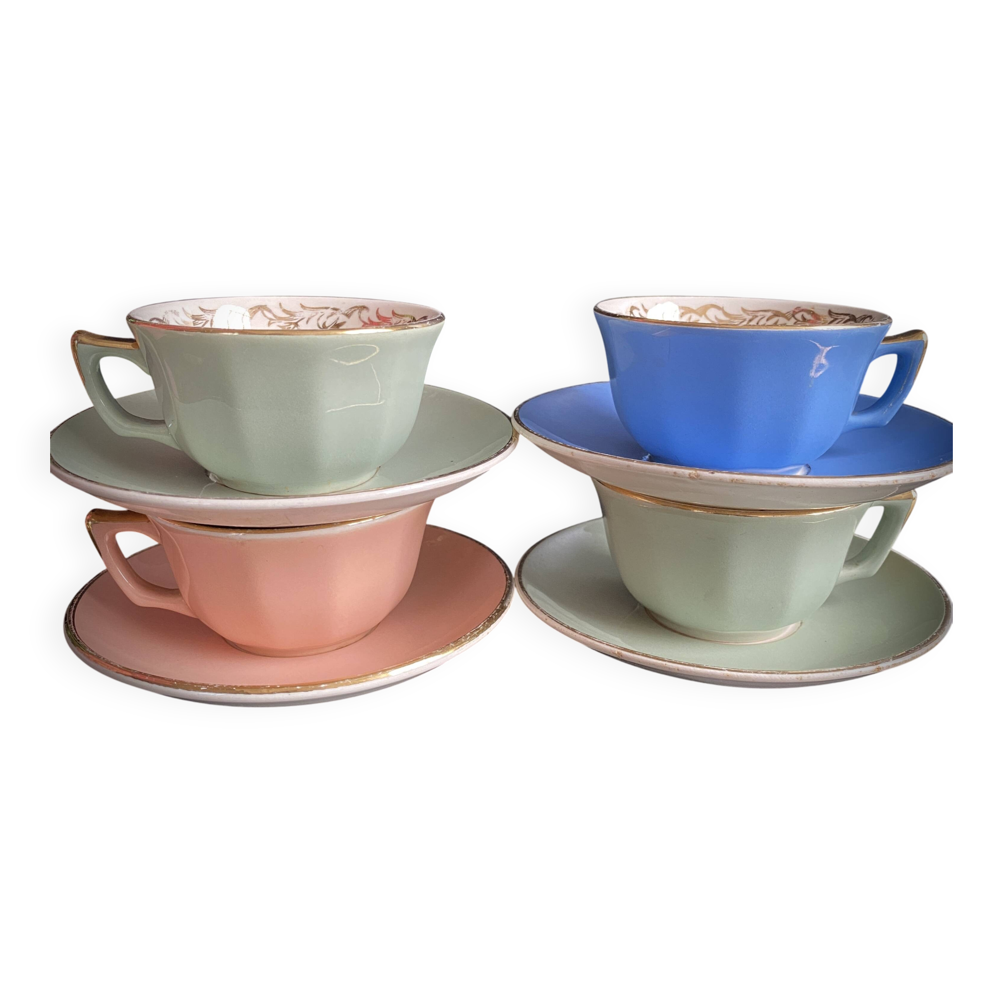 Set of 4 Villeroy & Boch Vintage 50s Cups and Saucers - Pastel & Gold