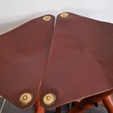 Set of teak and leather tripod stools