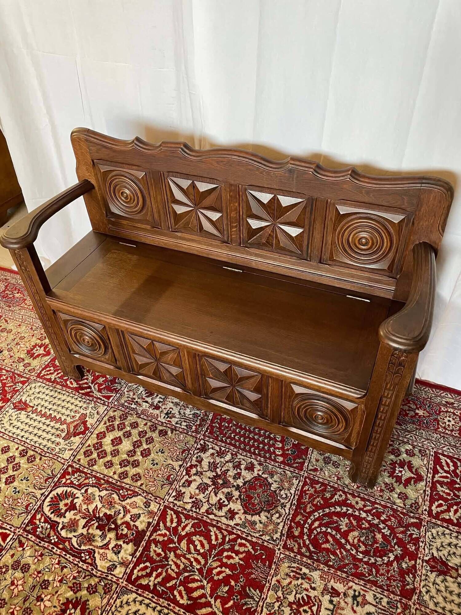 Antique oak carved bank chest – Breton style
