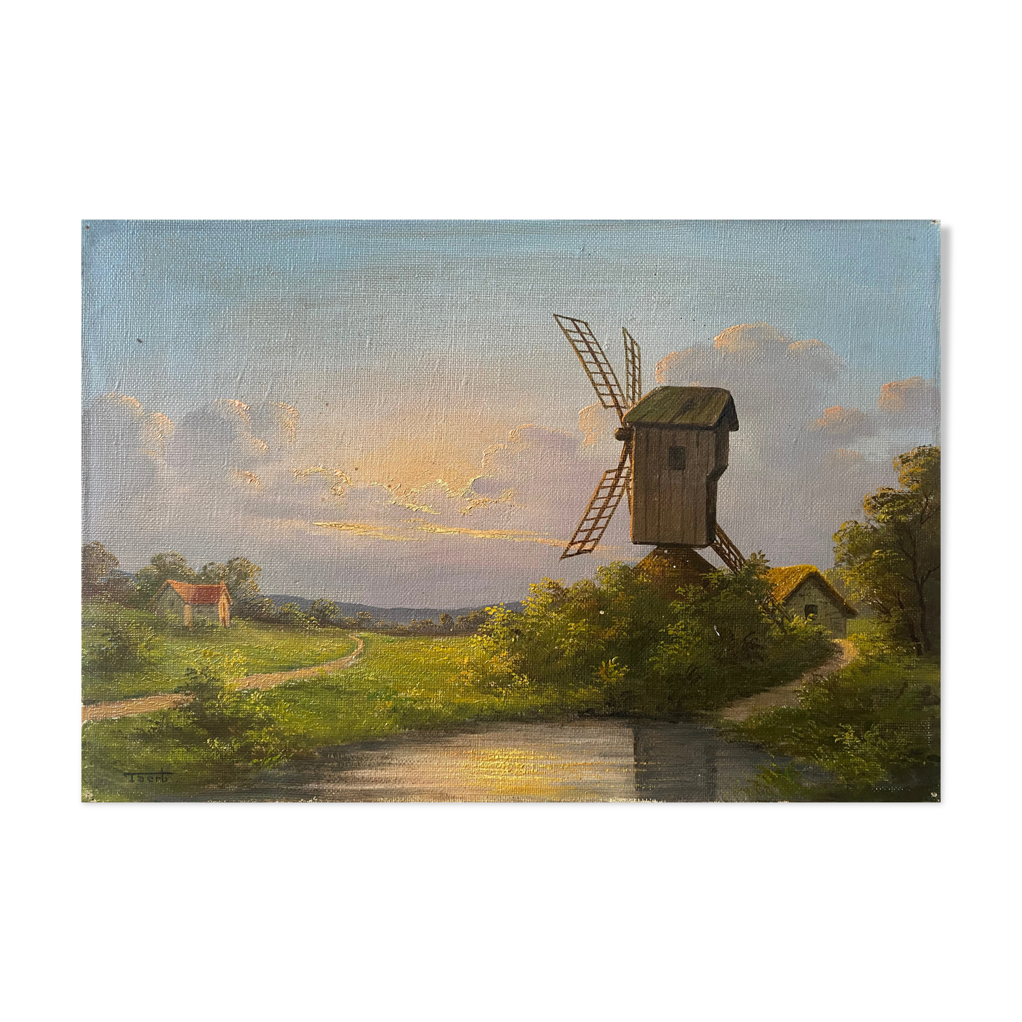 Old painting "Landscape at sunset" Mill HST signed Taerb