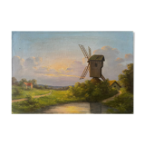 Old painting "Landscape at sunset" Mill HST signed Taerb