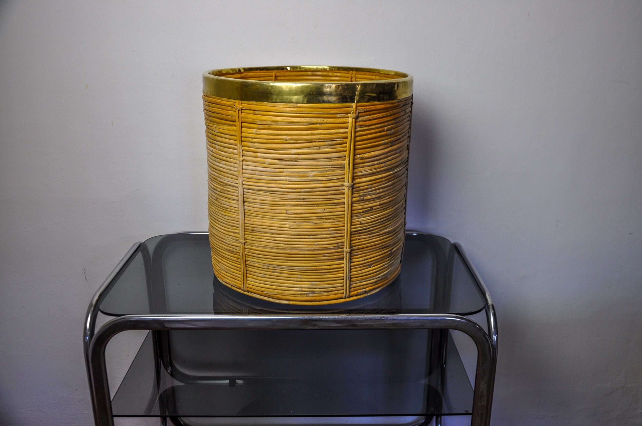 Basket xl in rattan and brass, italy, 1970, 41cm diam