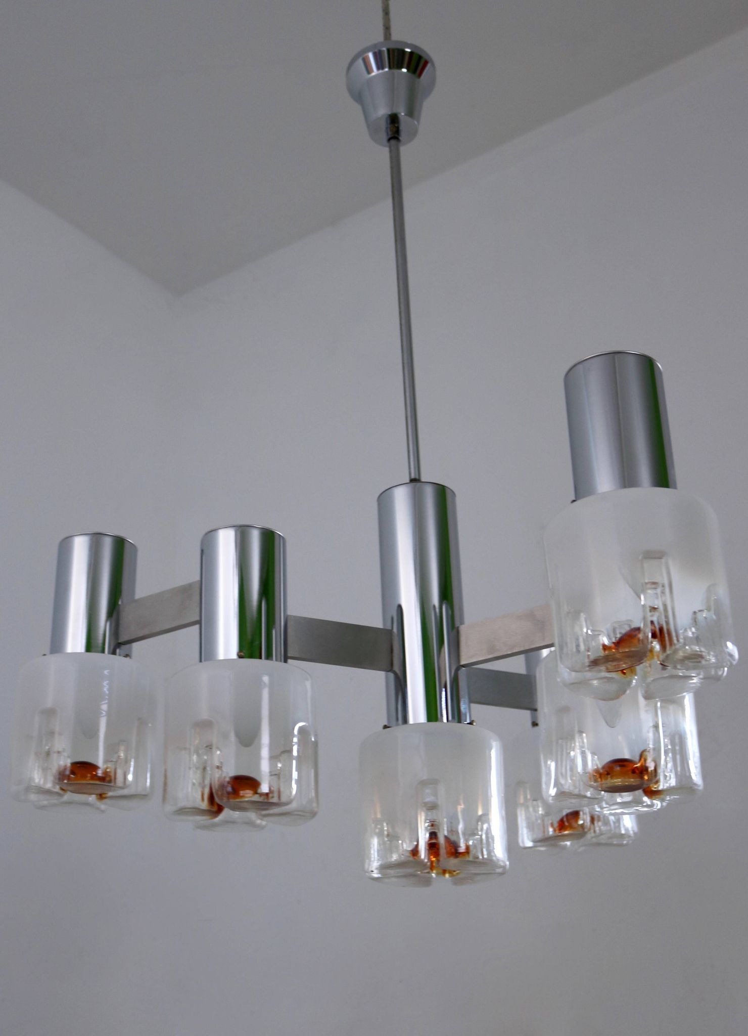 Three-Arm Blown Glass and Metal Chandelier Produced by Mazzega,