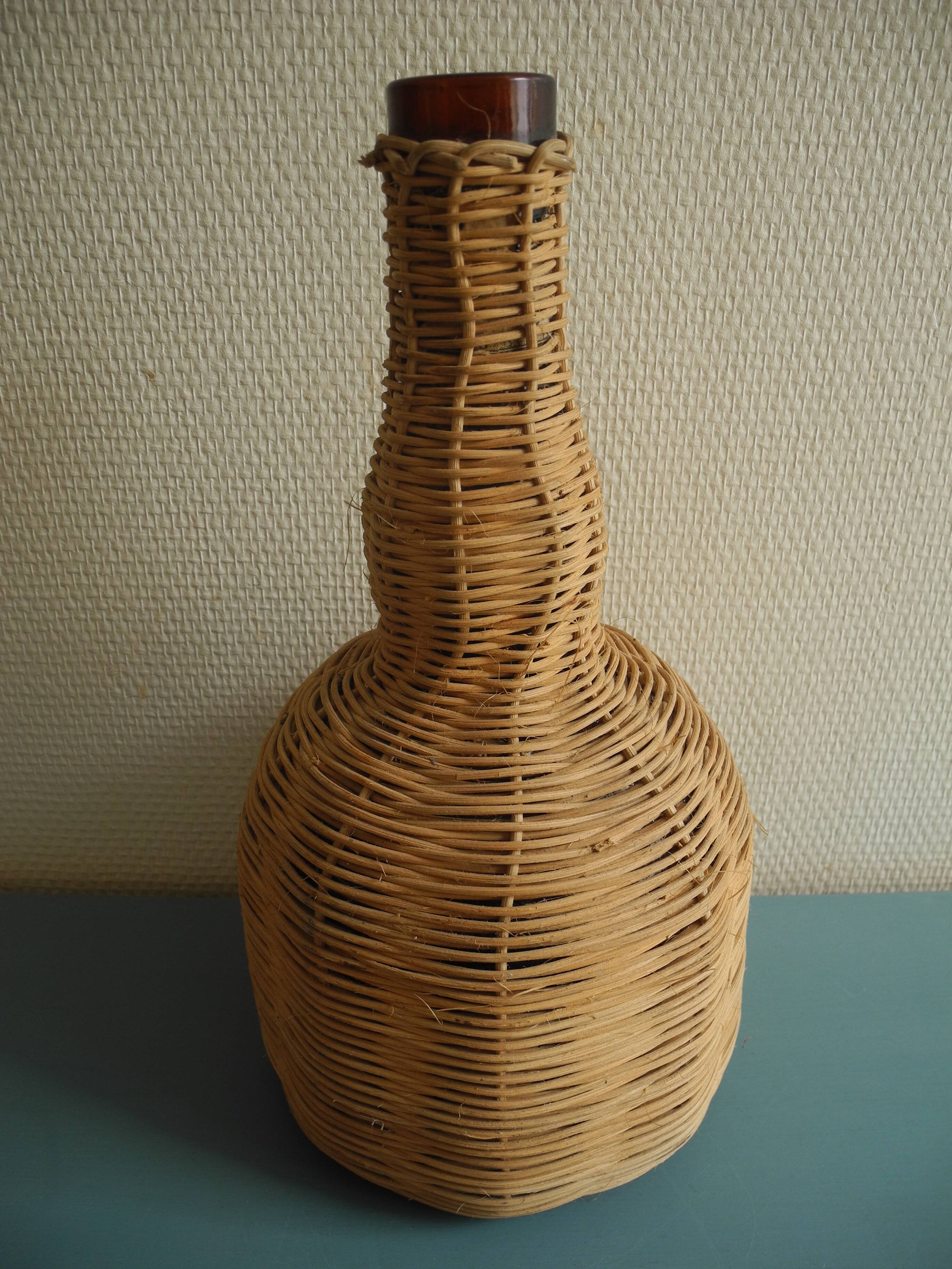 old amber glass bottle VB wicker vintage deco glass bottle wicker