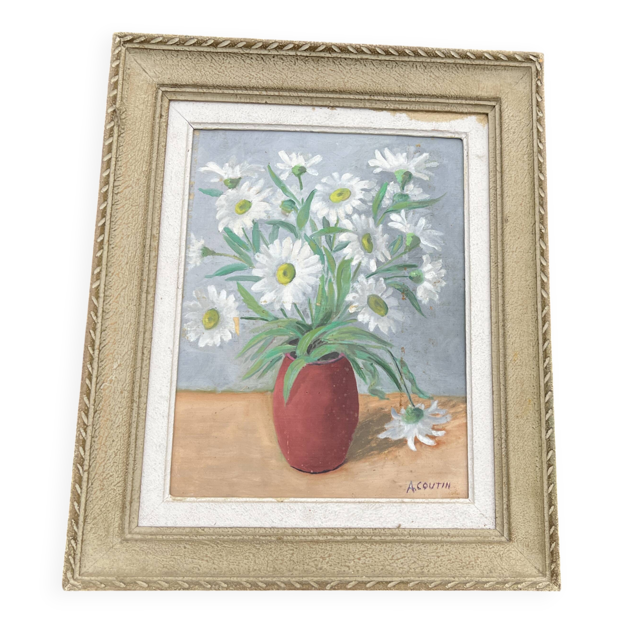 Antique painting signed A. Coutin – Still life with a vase of daisies, painted