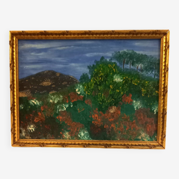 Old painting, oil on wood, Mediterranean landscape, gilded frame