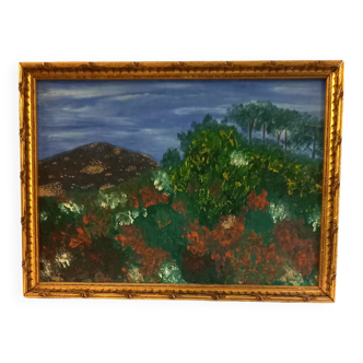 Old painting, oil on wood, Mediterranean landscape, gilded frame