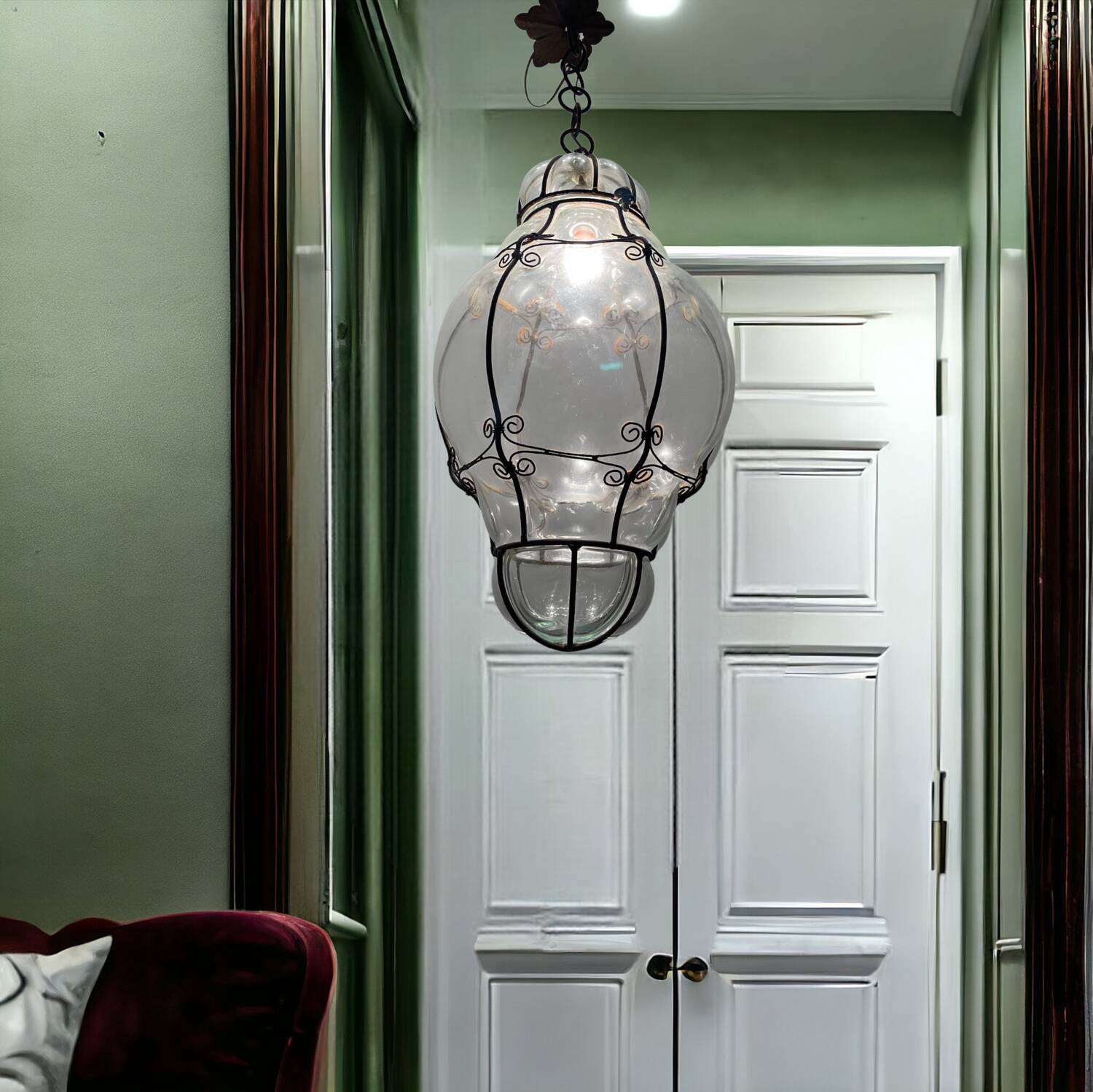 Large Murano Glass Wrought Iron Light Pendant 1950’s