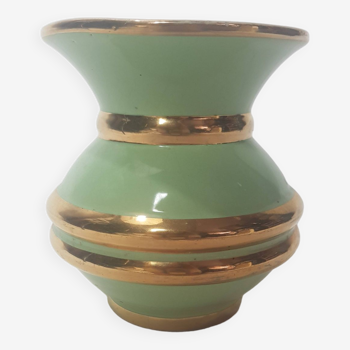 Enameled ceramic vase by Viroflay Almond and gold glass 1950s