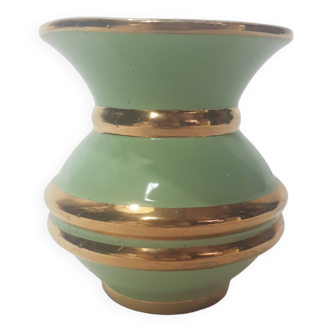 Enameled ceramic vase by Viroflay Almond and gold glass 1950s