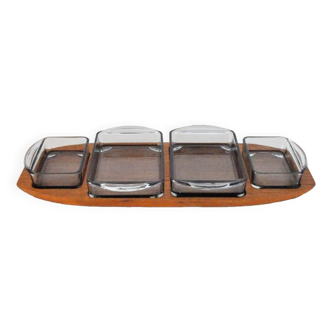 Danish Modern Teak Serving Tray with Glass Bowls, Denmark, 1960s