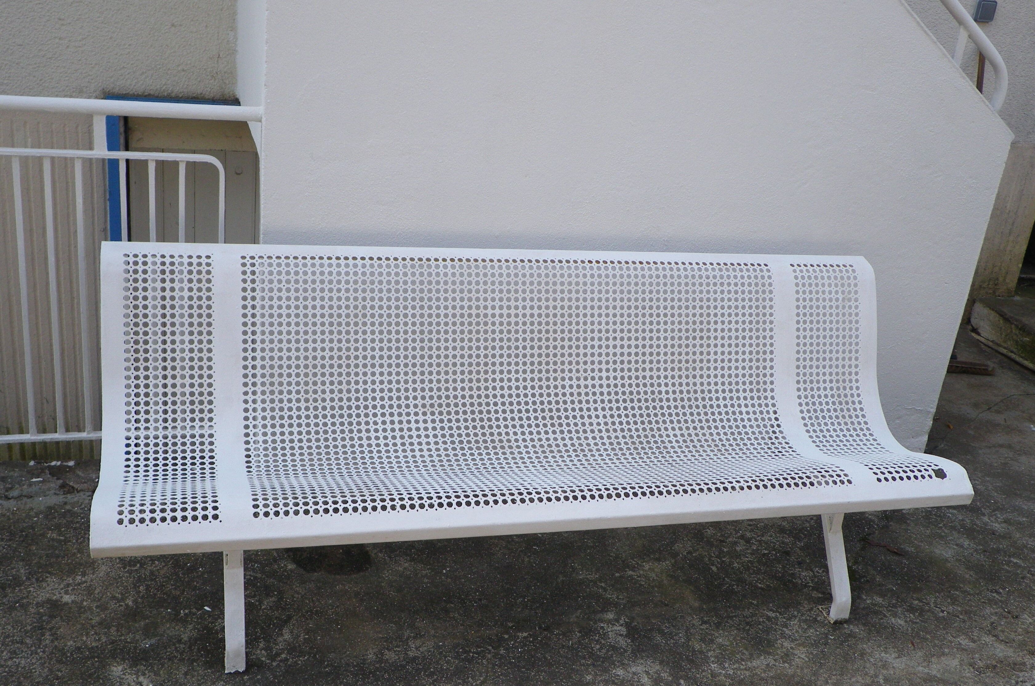 Old public wrought iron bench painted white - 50s