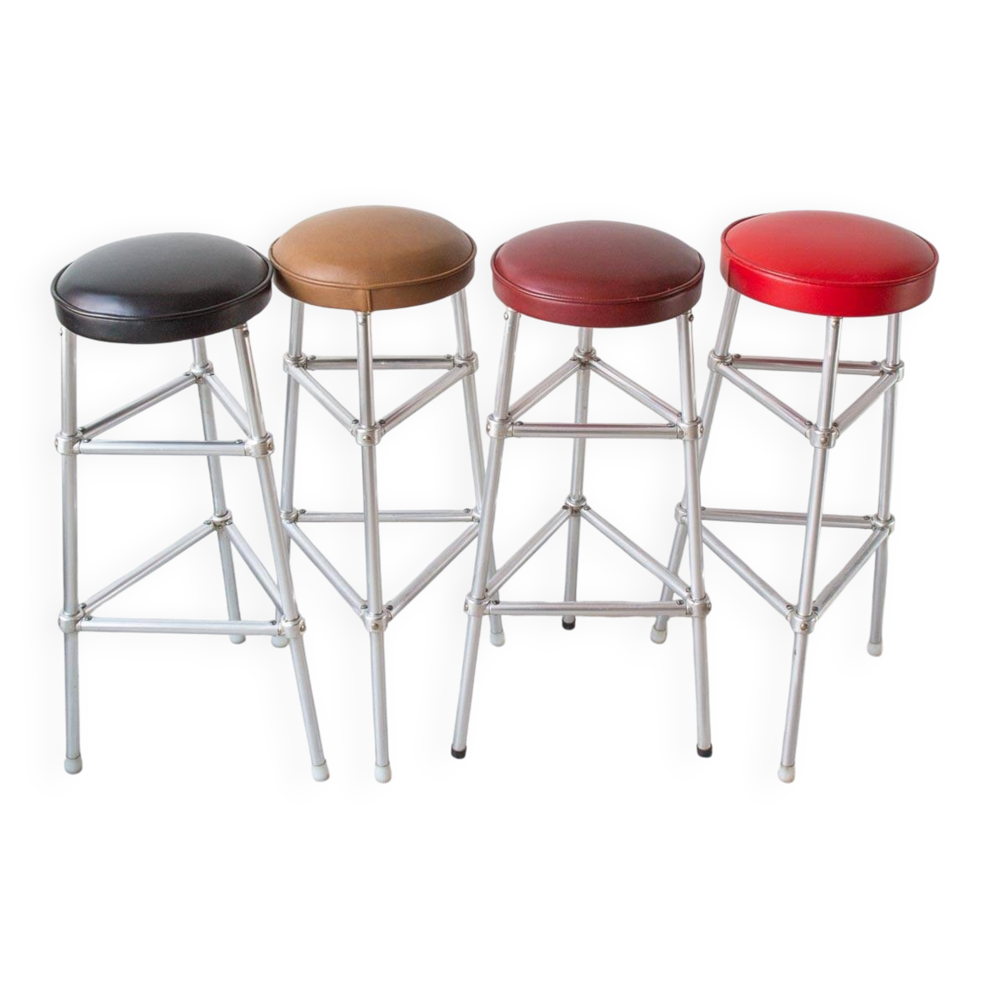 Set of 4 bar stools in aluminum and colored leatherette circa 1980