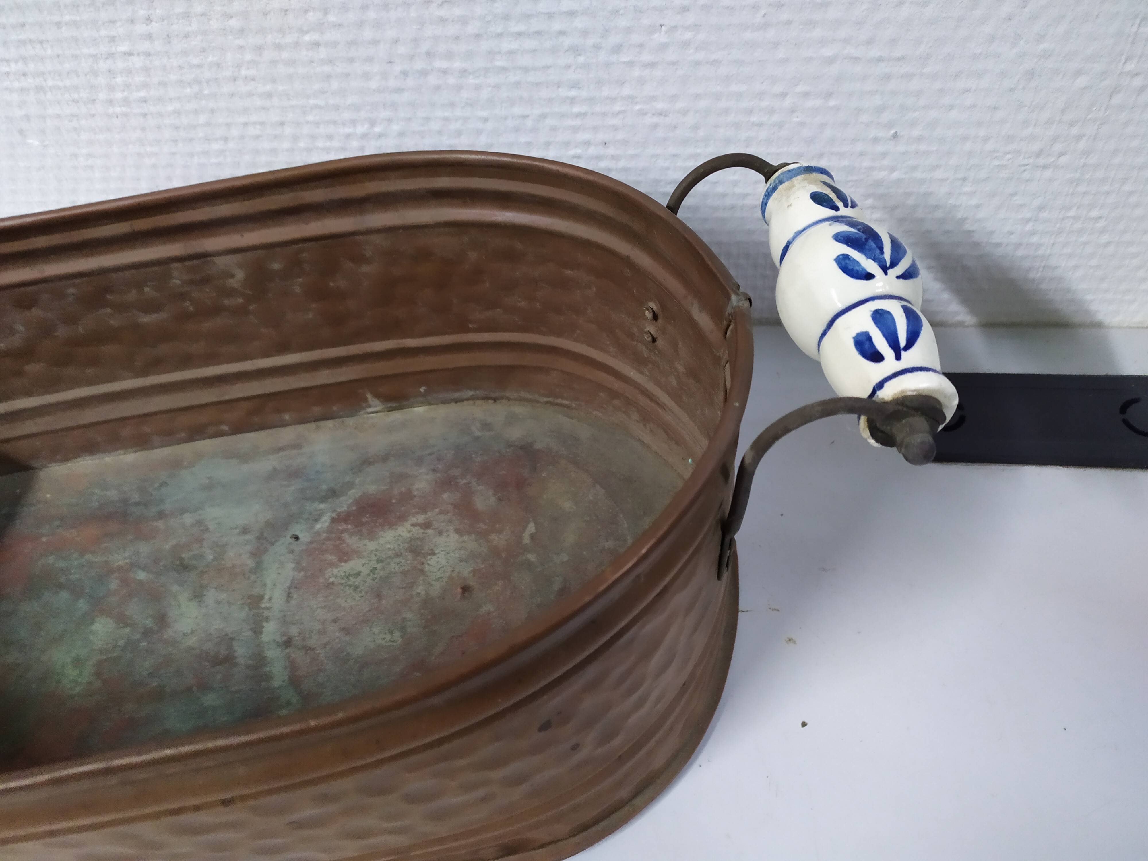 Copper planter with porcelain handles