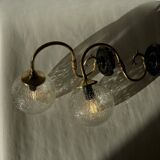Large pair of brass swan neck wall lights with cracked glass globes LAMP-7359