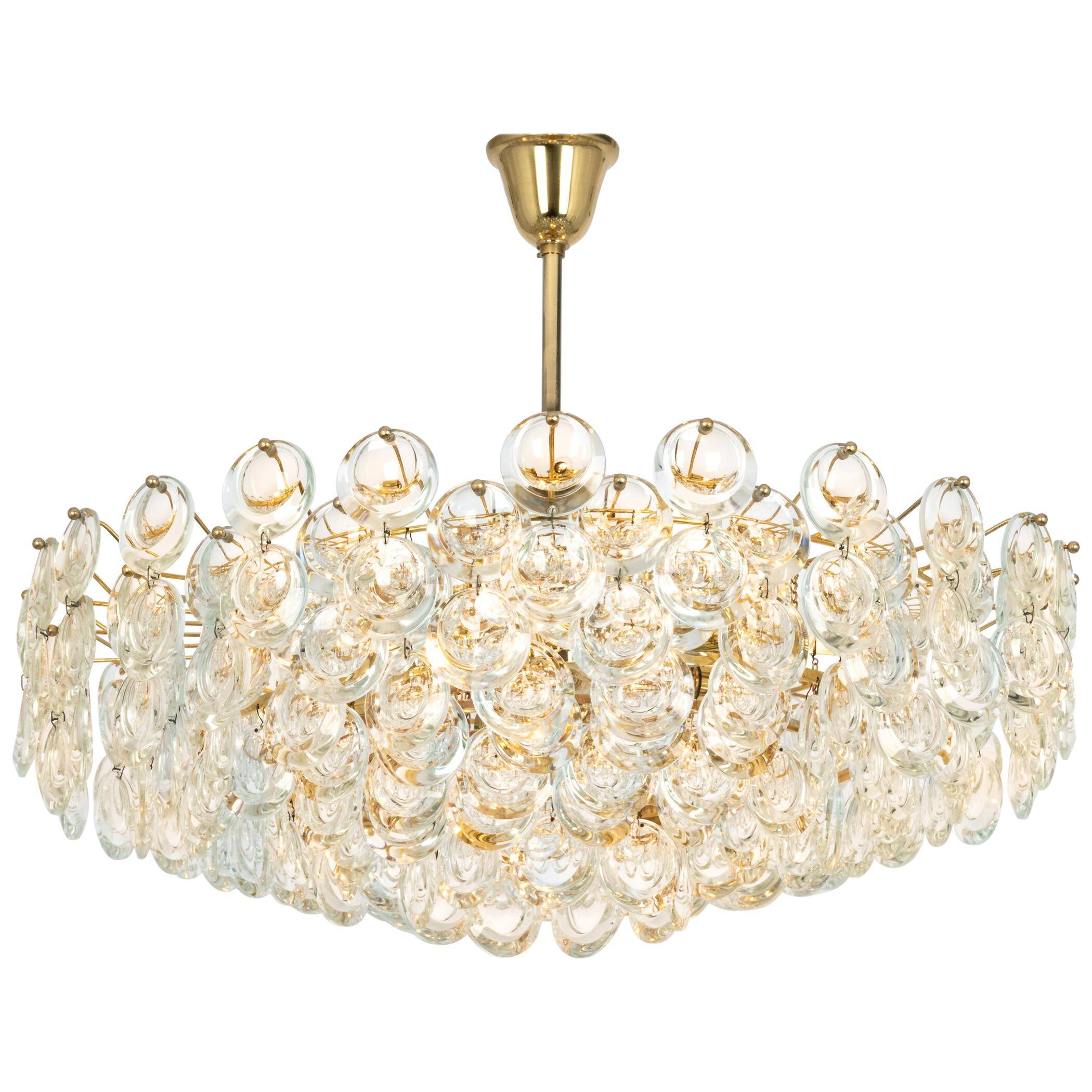 Large chandelier in gilded brass and crystal, Sciolari design by Palwa, Germany, 1970s.