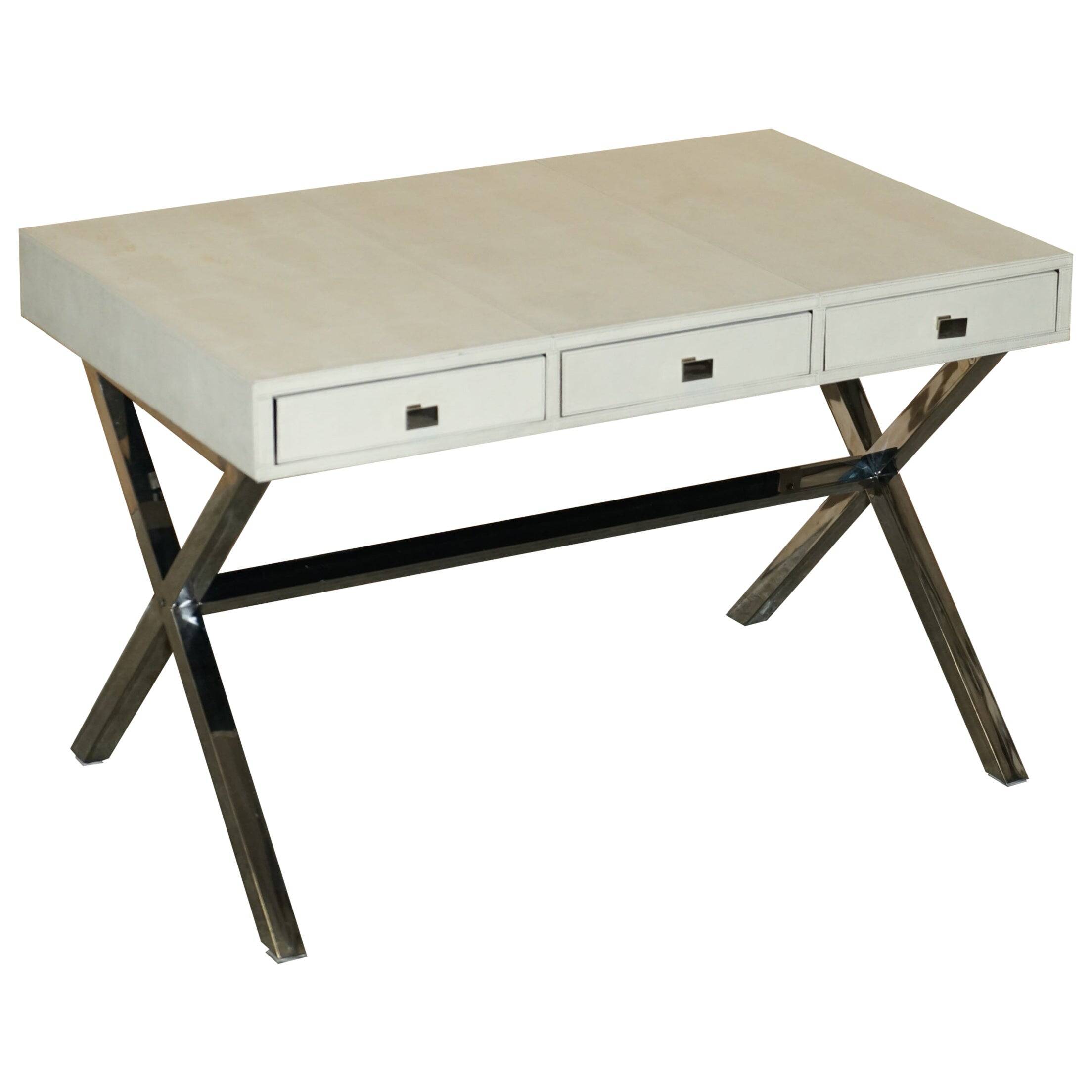Vintage writing desk with chrome X-shaped top and patinated crocodile leather.