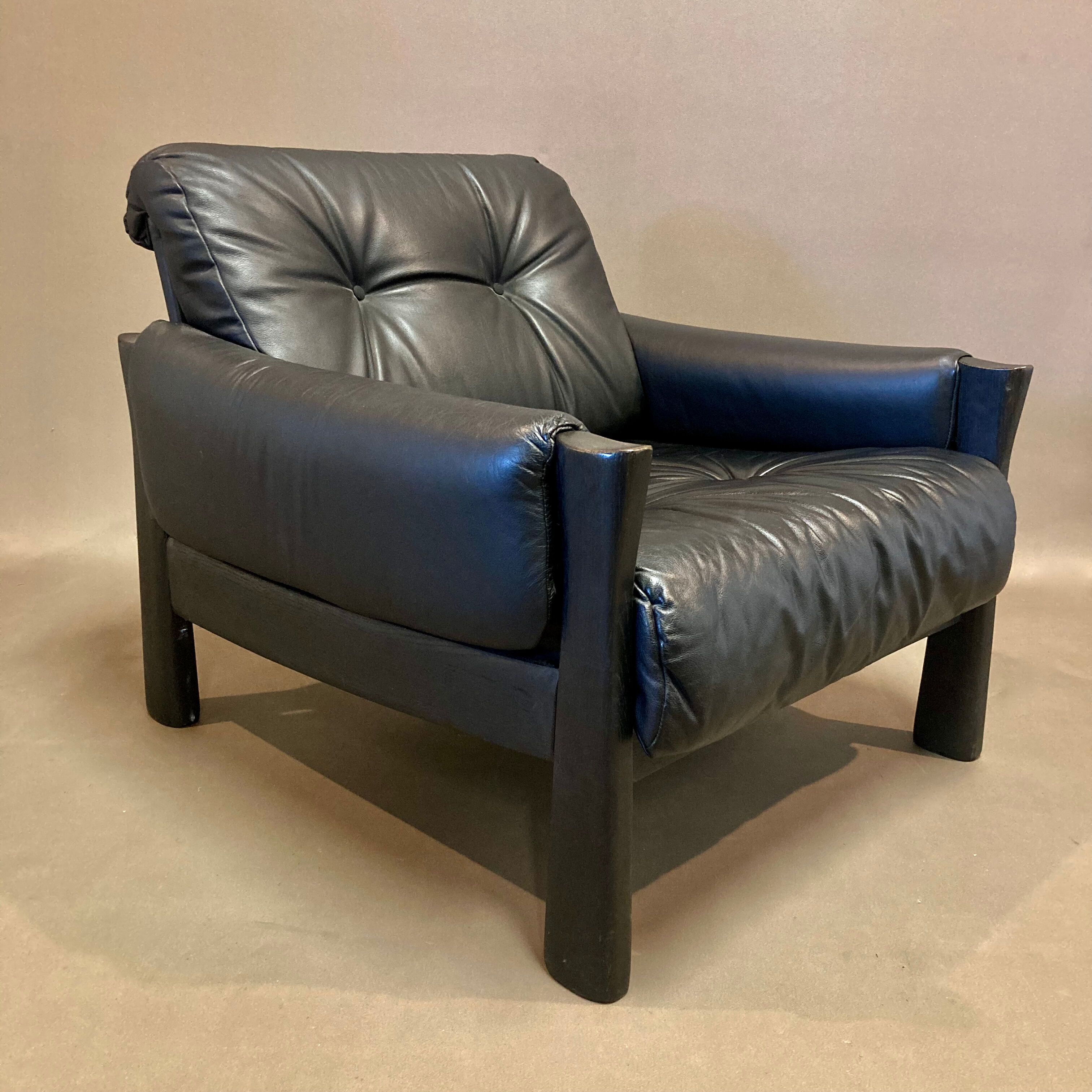 Black leather armchair Scandinavian design 1960