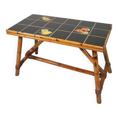 Table basse en rotin et bambou avec carreaux, table à carreaux, années 1950