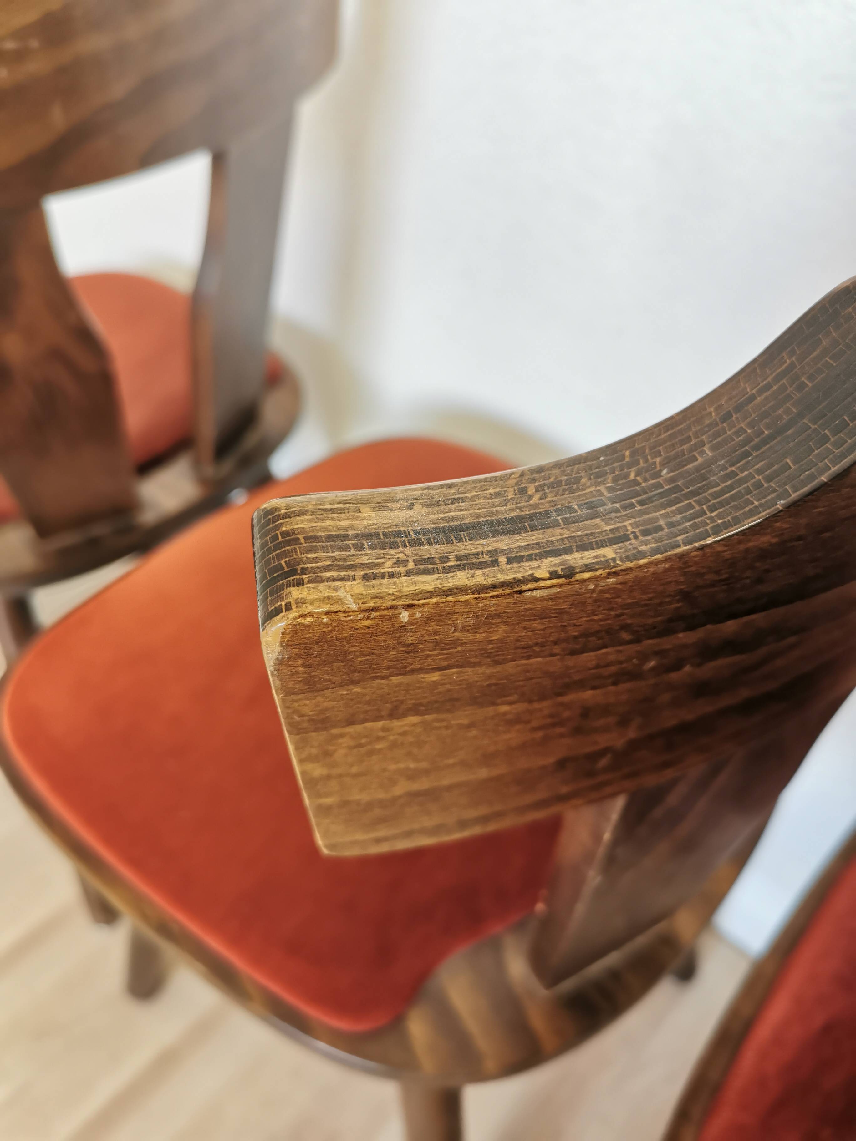 Vintage Tyrolean Dining Chairs: Set of 4, Red Fabric Seat, 1970s