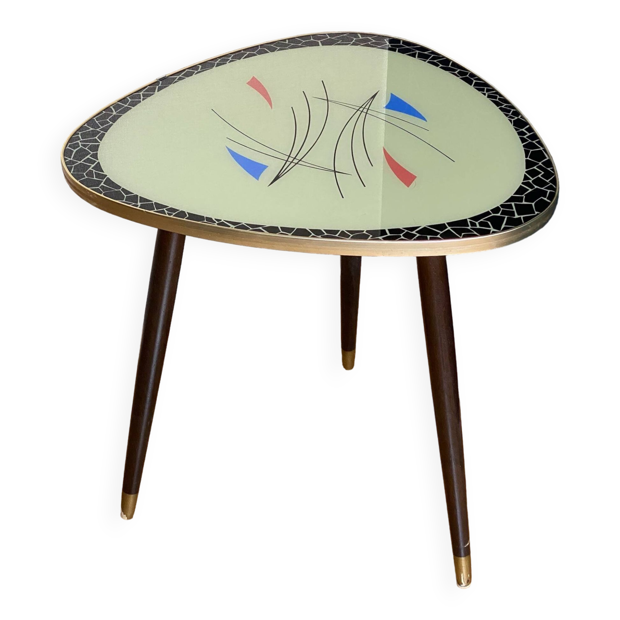 Triangular coffee table with vintage glass top