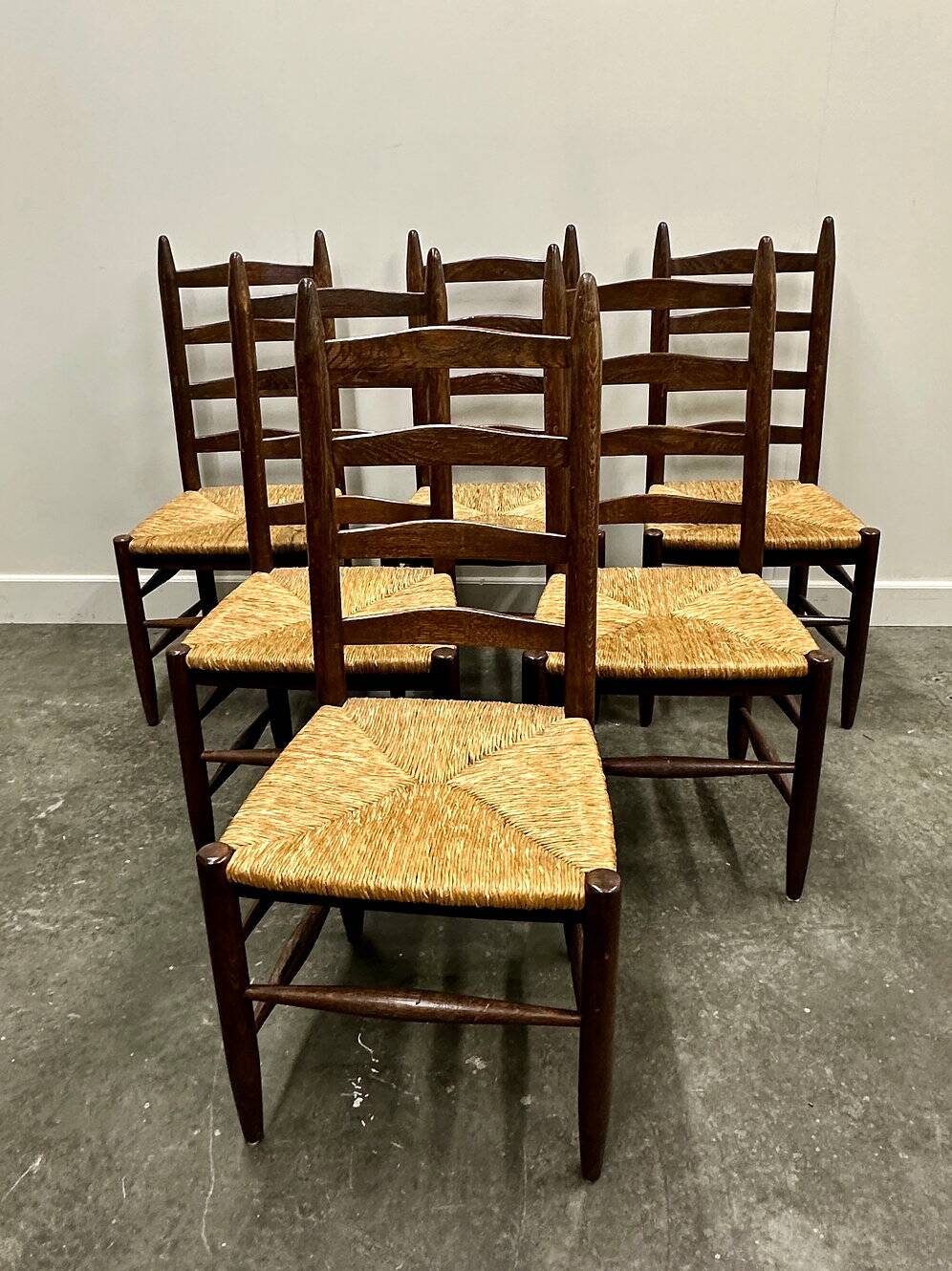 Set of 6 French primitive oak dining chairs