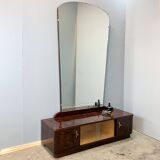 Mirror chest of drawers, flamed birch stained, vintage from the 50s