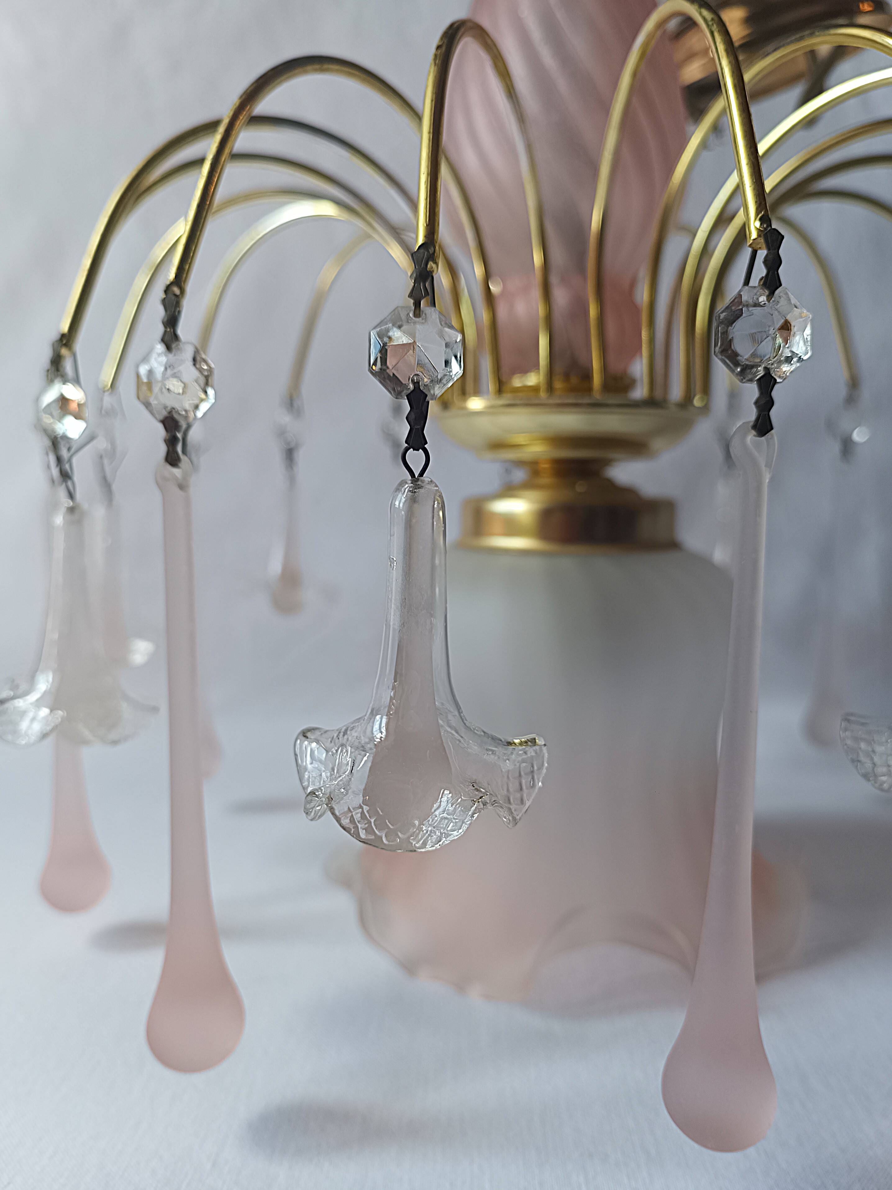 Vintage pink glass drop and flower chandelier pendant light.