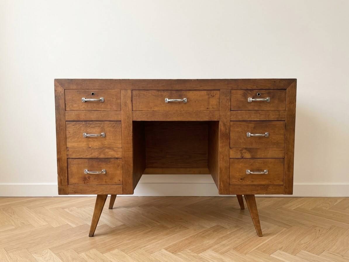 Vintage Scandinavian desk in waxed wood with 7 drawers.