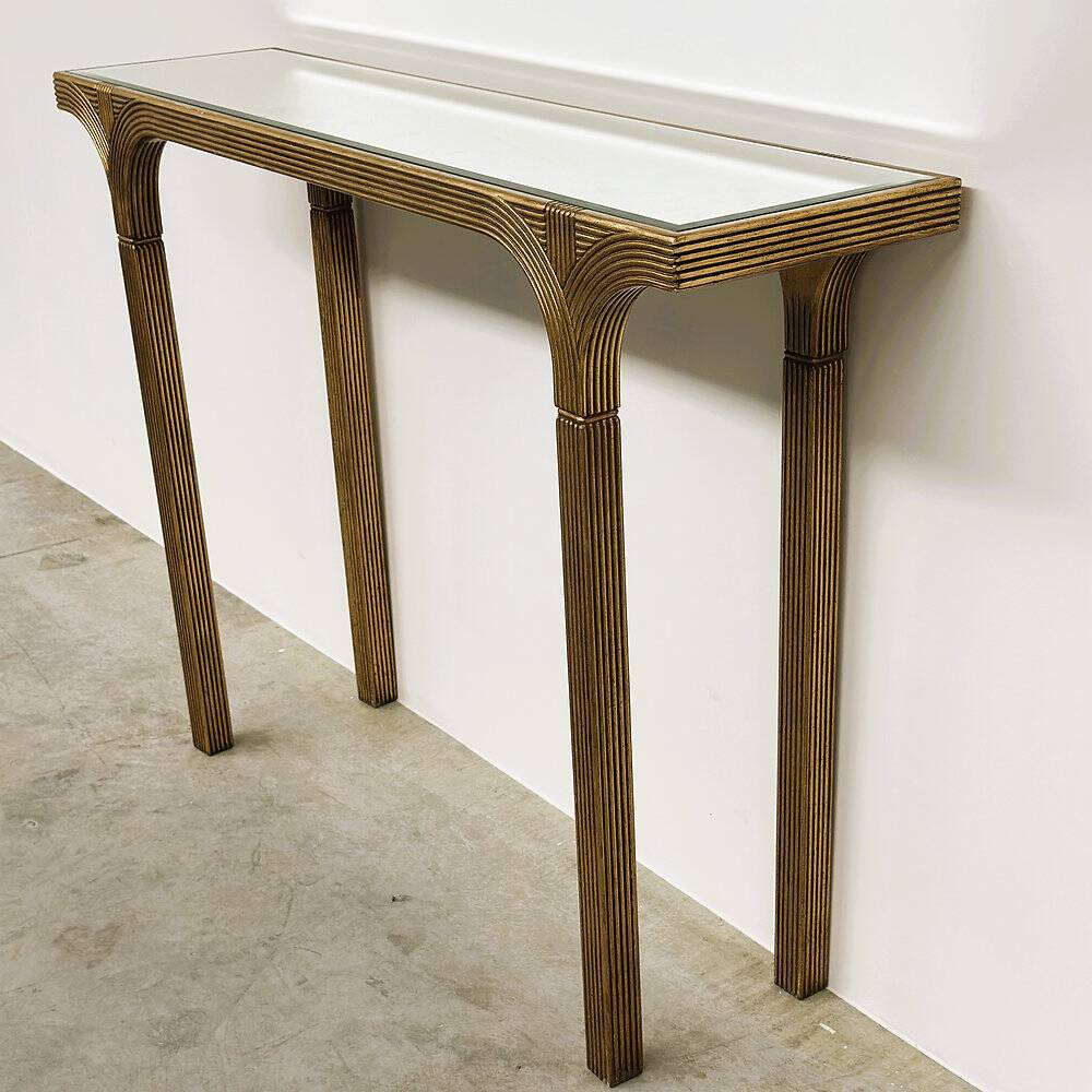Vintage Deknudt gilt console table with beveled mirror top, Belgium, 1980s