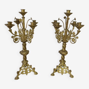 Pair of old altar candelabras in gilded brass from the 19th century