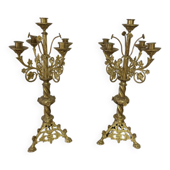 Pair of old altar candelabras in gilded brass from the 19th century