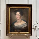Huile sur toile, portrait de femme Empire, début XIXe, cadre à palmettes