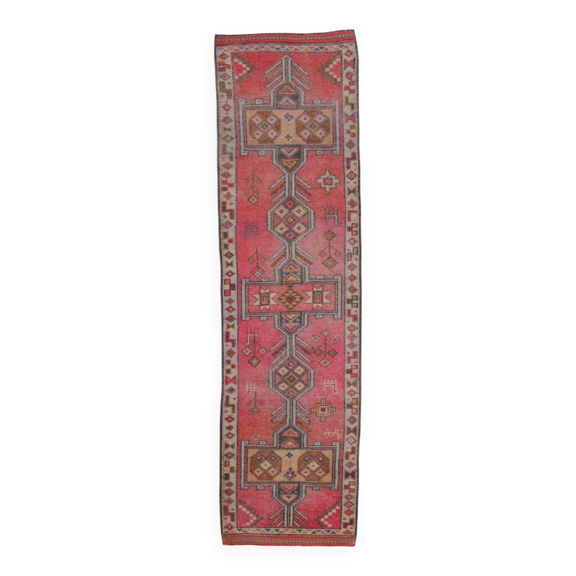 Shades Of Pink Beige Antique Vintage Runner Rug, 89x322Cm