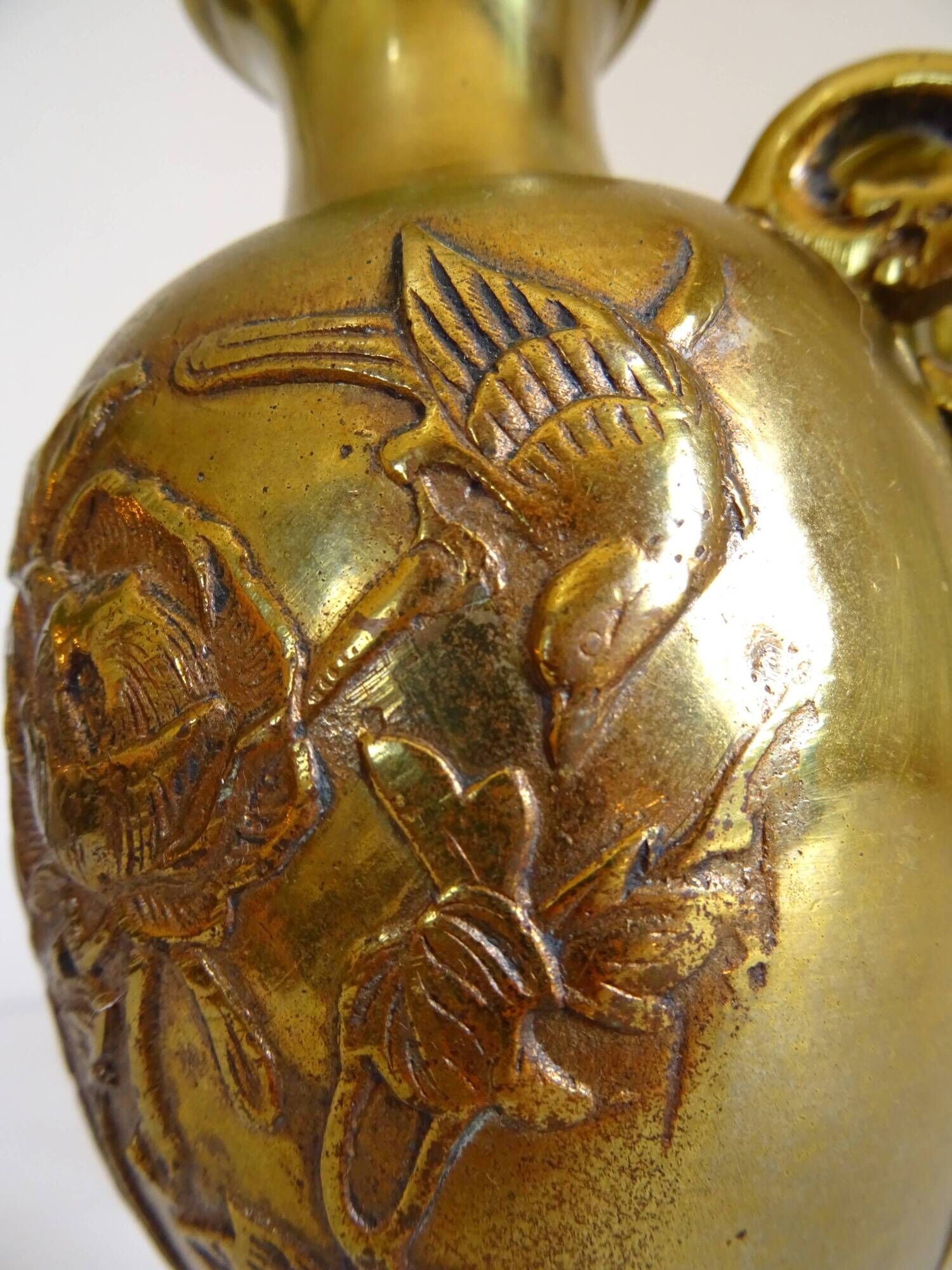 Pair of Gilt Bronze Vases / 19th Japan Meiji / Signed Fine Gold Flowers Birds