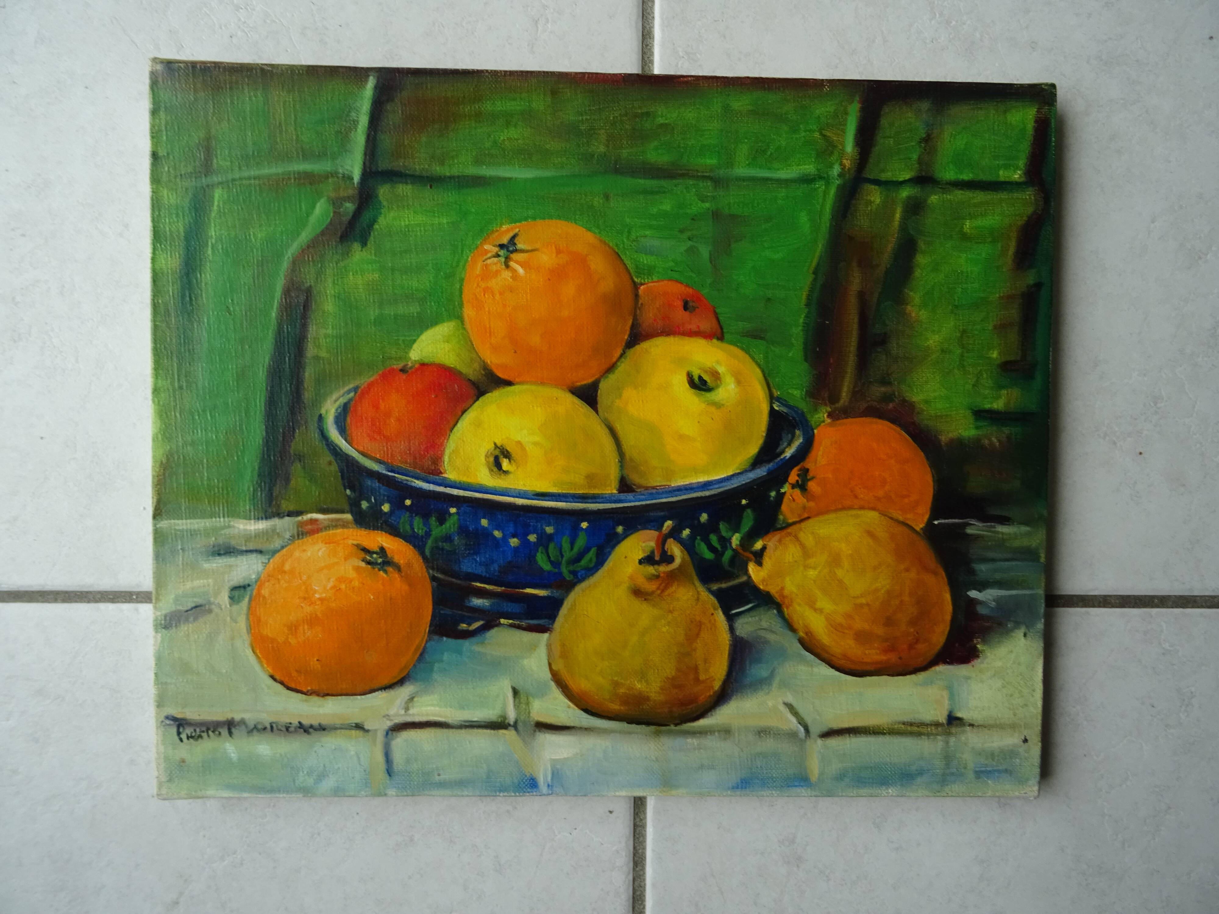 Still life painting with fruits canvas signed Pierre Moreau