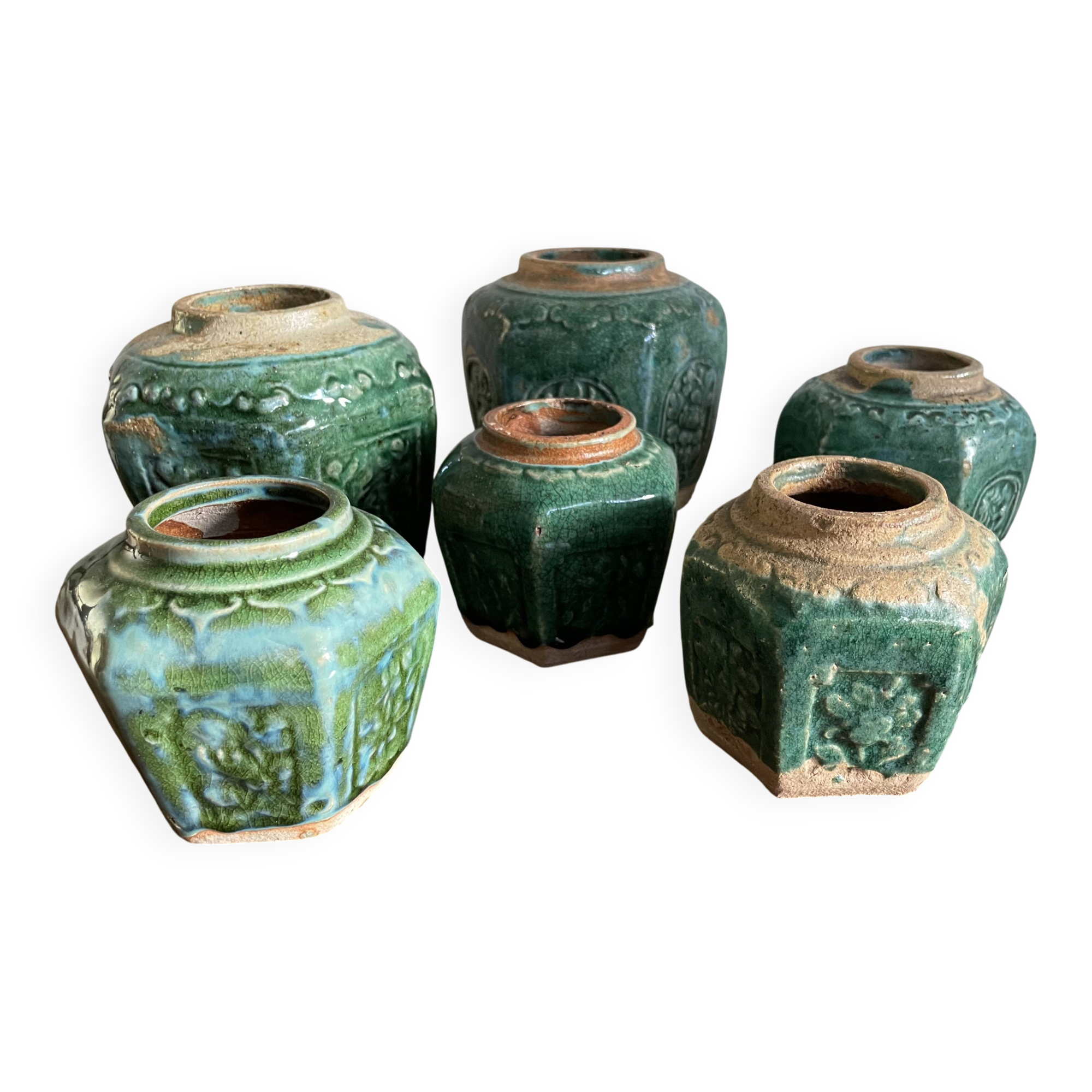 Deep green and light blue glazed hexagonal Shiwan ware ginger jar (collection of six jars, different sizes, floral designs)