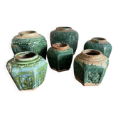 Deep green and light blue glazed hexagonal Shiwan ware ginger jar (collection of six jars, different sizes, floral designs)