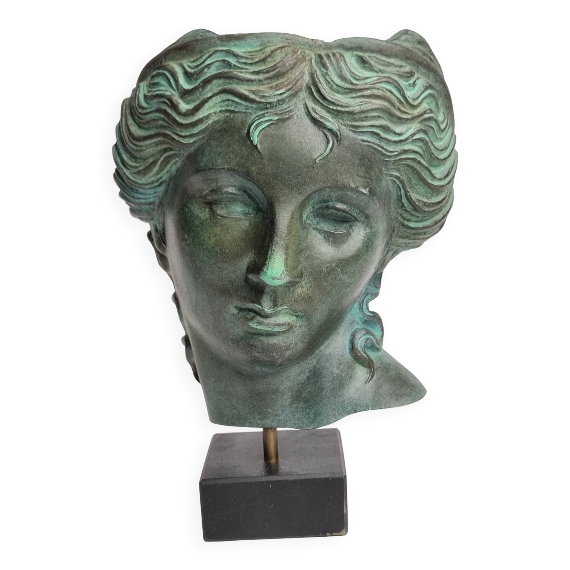 Antique style statue head, verdigris patina, signed Art Team, H 20 cm