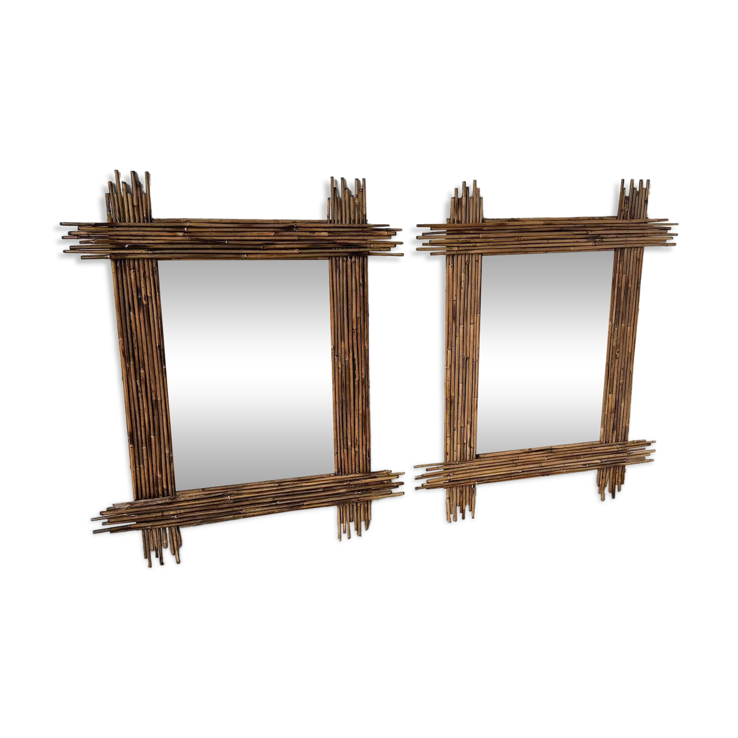 Pair of large vintage bamboo mirrors, 1970s